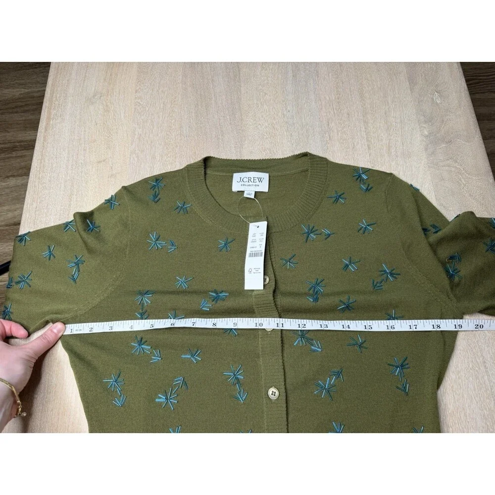 J Crew Collection NWT Crewneck Cardigan in Merino Wool Olive Embellished Small